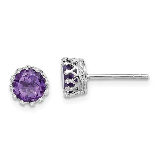 Sparkling Drop Earrings-Large Stud Earrings-Sterling Silver 6mm Genuine Amethyst Crown Set Stud Earrings