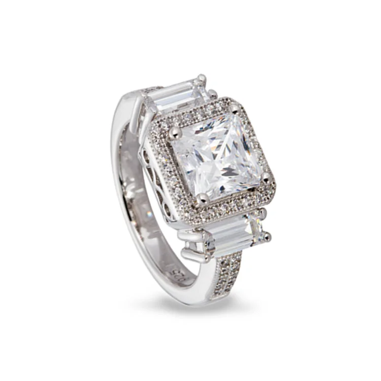 ConstellationRings-Platinum Finish Sterling Silver Micropave Princess Cut Ring with 51 Simulated Diamonds