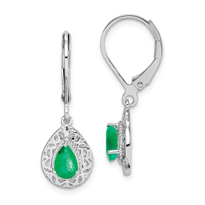 Intricate Earrings-Diamond Stud Earrings-Sterling Silver Genuine Emerald Pear Teardrop Filigree Lever Back Earrings