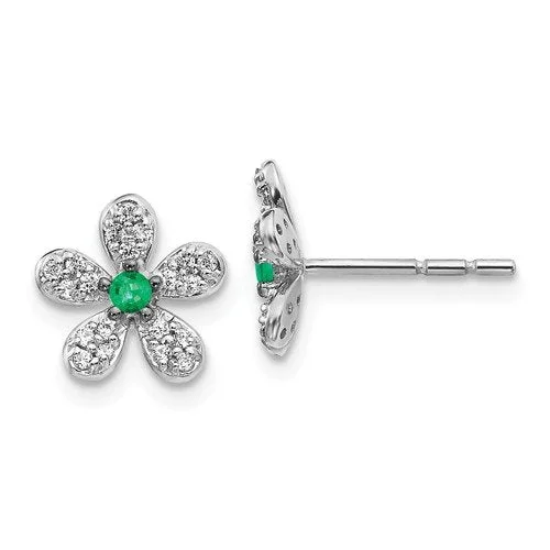 Gold Stud Earrings for Women-Long Stud Earrings-14KT WHITE GOLD .05 CTW EMERALD & .17 CTW DIAMOND FLOWER EARRINGS