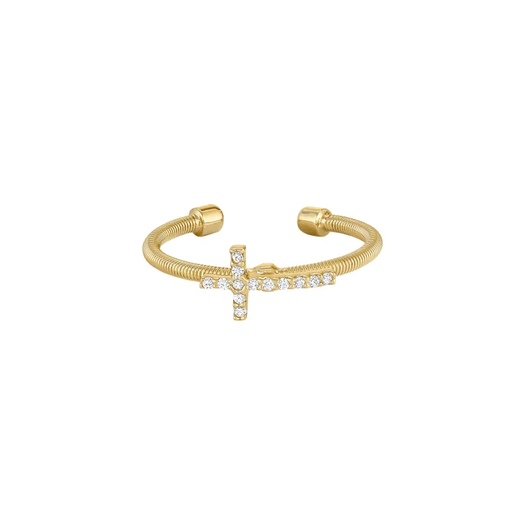 VintageRings-Gold Finish Sterling Silver Cable Cuff Cross Ring with Simulated Diamonds