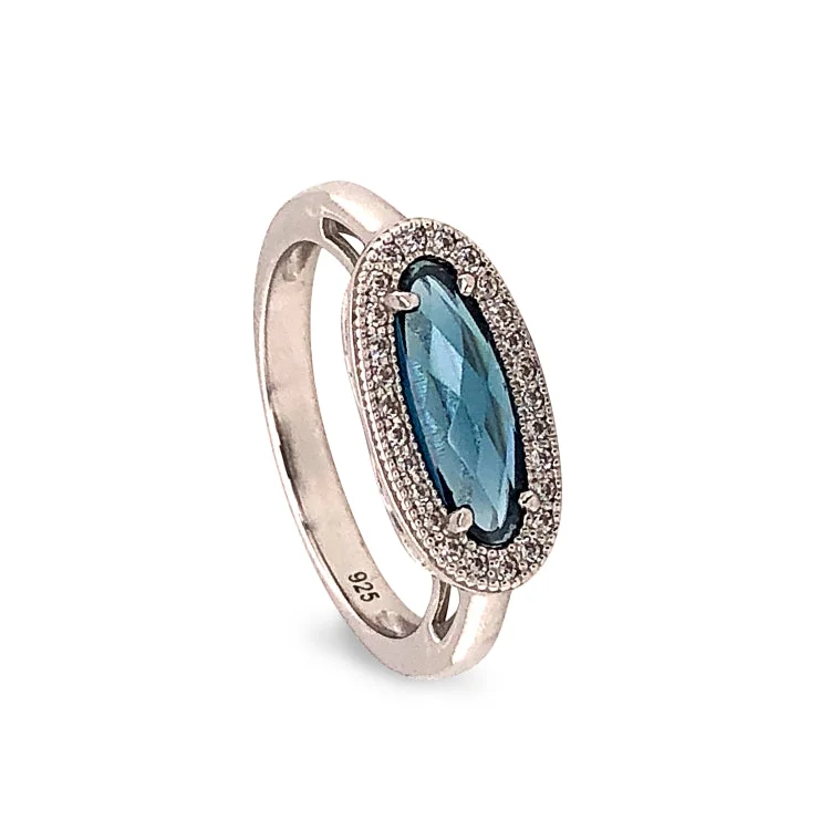 MoissaniteRings-Platinum Finish Sterling Silver Micropave Oblong Ring with Simulated London Blue Topaz and Simulated Diamonds