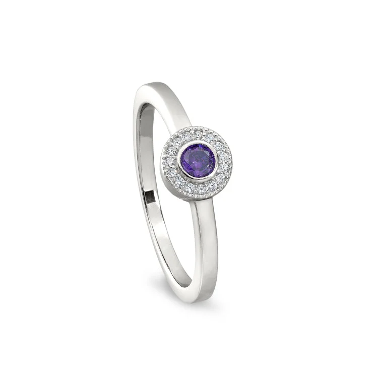 VintageRings-Platinum Finish Sterling Silver Micropave Round Simulated Amethyst Ring with Simulated Diamonds Size 6