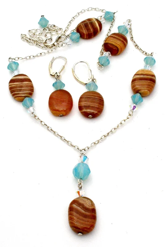 Necklaces for Valentine’s Day-Sterling Silver Banded Agate Lavalier Necklace Set