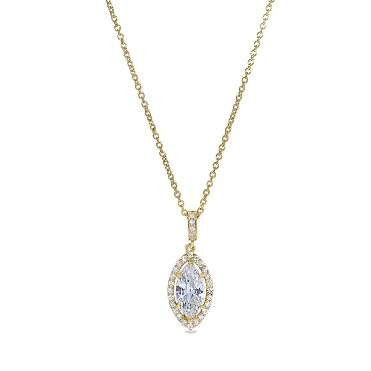 Pearl Necklaces for Brides-Gold Vermeil Sterling Silver Micropave Marquise Halo Necklace with Simulated Diamonds on 16" - 18 " Adjustable Cable Chain