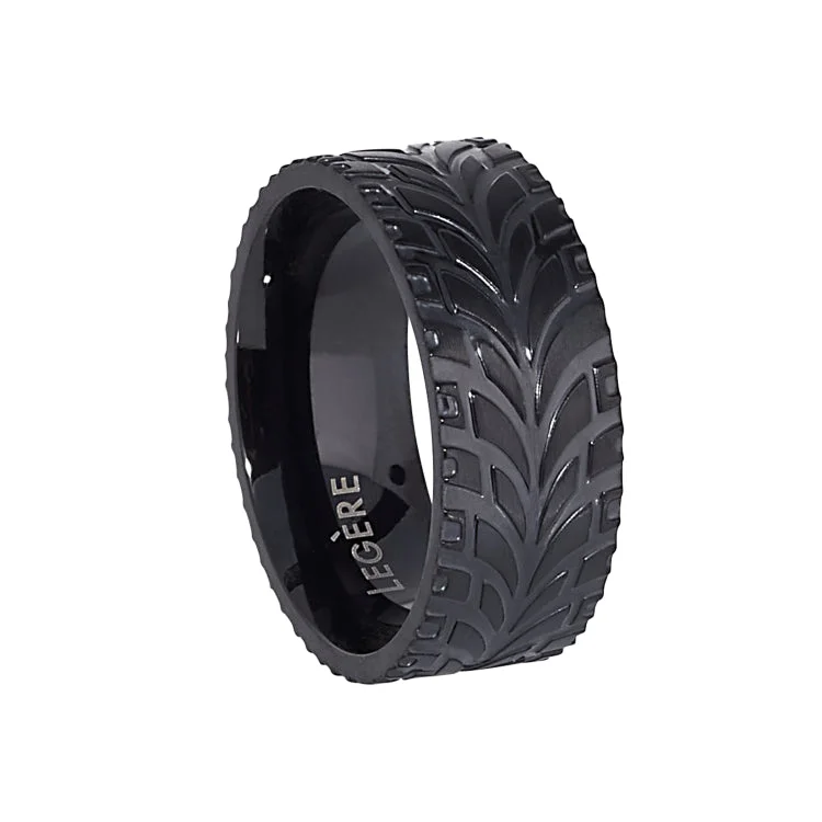 GoldRings-Black IP Finish Stainless Steel Feathered Band  - Size 11