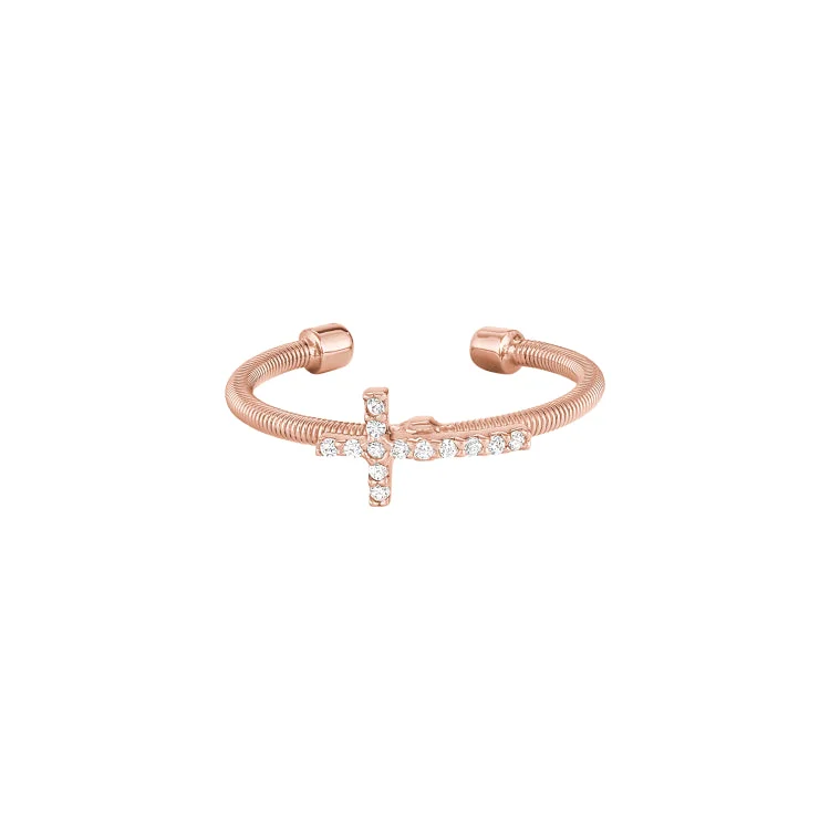 WeddingRings-Rose Gold Finish Sterling Silver Cable Cuff Cross Ring with Simulated Diamonds