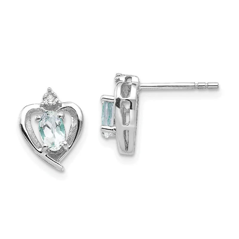 Pearl Earrings-Personalized Stud Earrings-14k White Gold Genuine Aquamarine & Diamond Heart Earrings