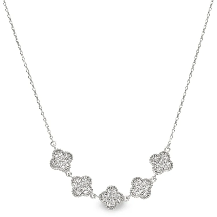 Vintage Inspired Necklaces-Platinum Finish Sterling Silver Micropave Five Clover Necklace with Simulated Diamonds on 16"-18" Adjustable Chain