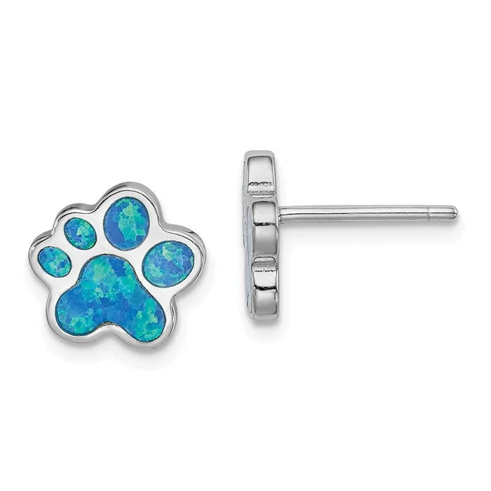 Multi-Drop Earrings-Colorful Earrings-Sterling Silver Created Blue Opal Inlay Paw Print Post Stud Earrings