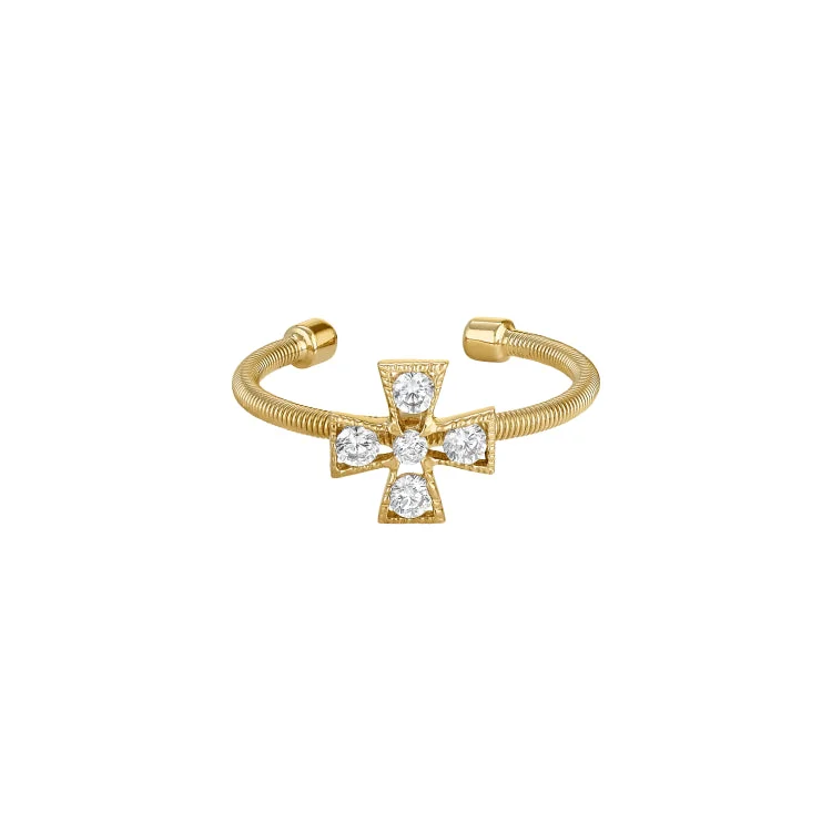 DogRings-Gold Finish Sterling Silver Cable Cuff 5 Stone Cross Ring with Simulated Diamonds