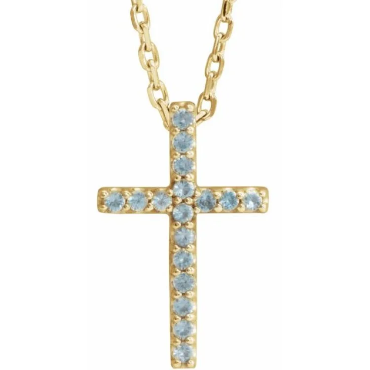 Statement Necklaces for Events-14K Yellow Natural Swiss Blue Topaz Petite Cross 16" Necklace