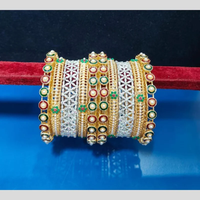 Luxury Bangles For Christmas Gifts-Pooja Bangles  Austrian Stone And  Pearls Bangle  Set