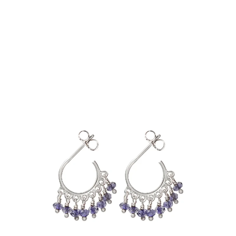 Unusual Earrings-Cute Earrings-Sterling Silver Small Fine Iolite Beaded Hoop Earrings