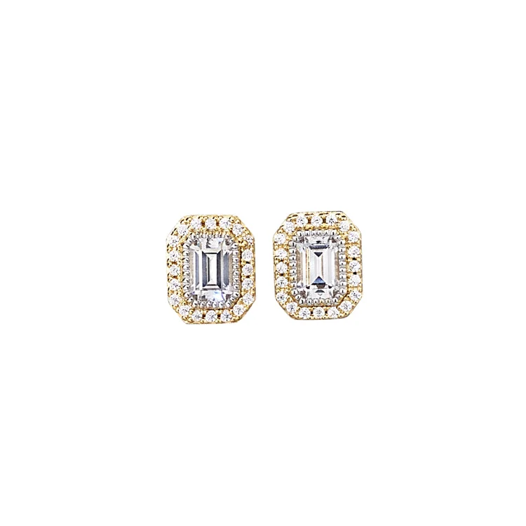 Designer Necklaces for Special Occasions-Gold Vermeil and Platinum Finish Sterling Silver Micropave Octagon Earrings with Simulated Diamonds