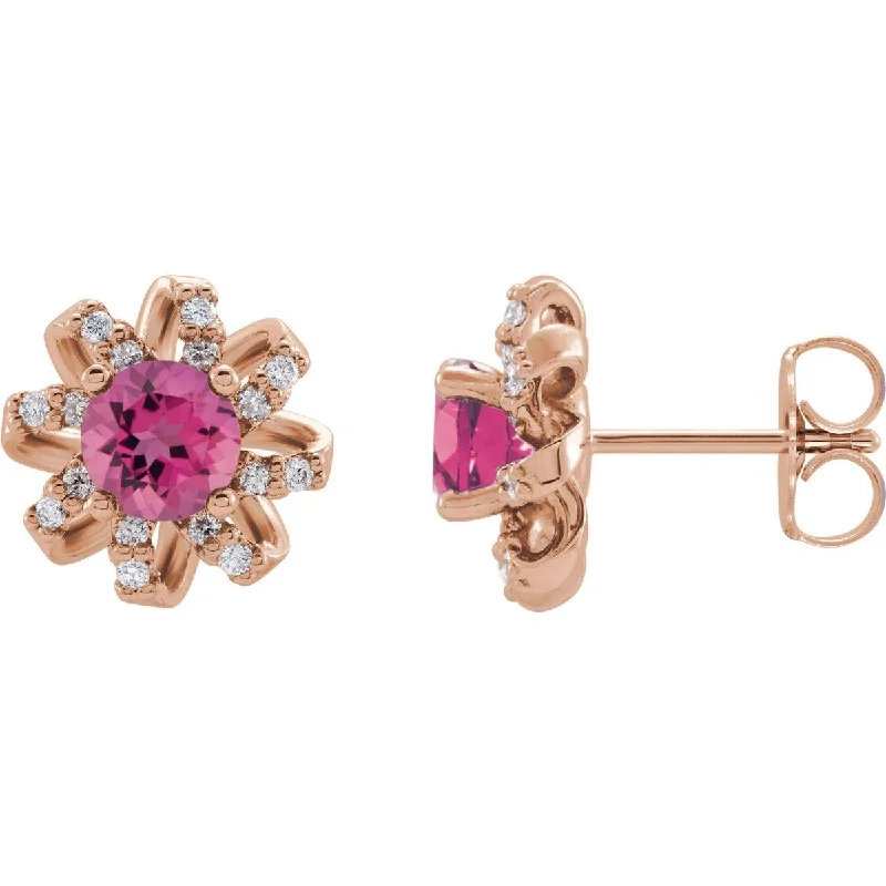 Red Earrings-Fancy Earrings-14KT GOLD 1.10 CTW PINK TOURMALINE & 1/8 CTW DIAMOND FLORAL HALO EARRINGS