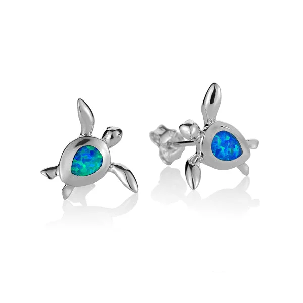 Hoop Earrings-Stone Earrings-Sterling Silver Alamea Hawaii Blue Opal Honu Turtle Stud Earrings