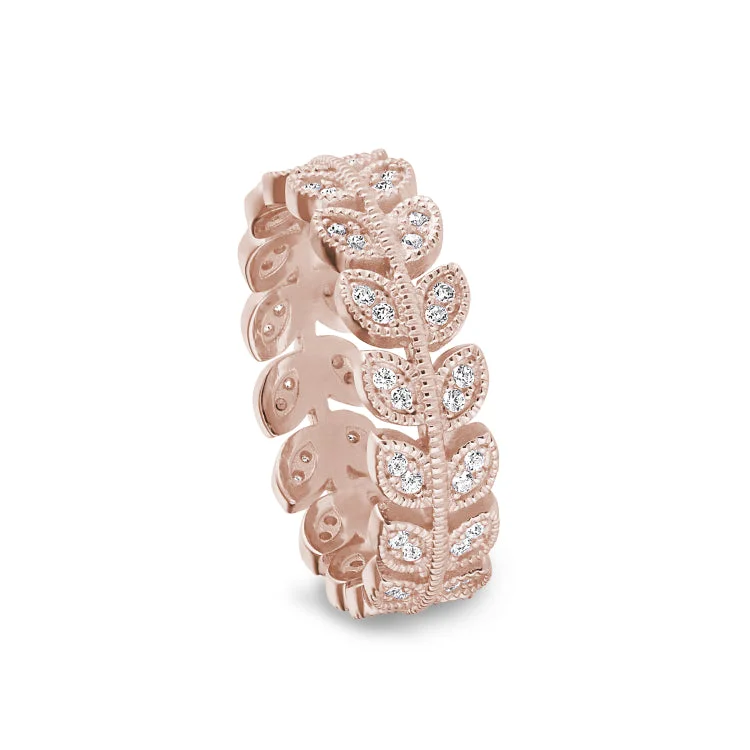 ZirconRings-Rose Gold Finish Sterling Silver Micropave Leaf Ring with Simulated Diamonds