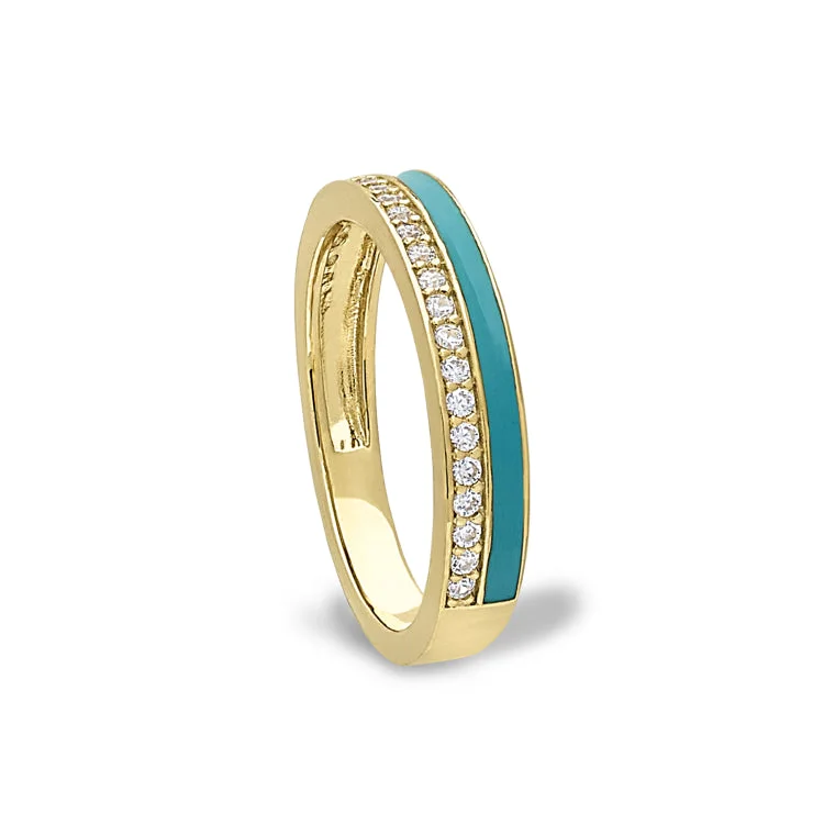 CobaltRings-Gold Vermeil Sterling Silver Micropave Ring with with Turquoise Enamel and Simulated Diamondss