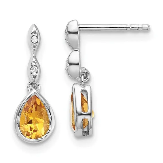 Affordable Drop Earrings-Mixed Metal Earrings-Sterling Silver White Ice Diamond and Citrine Teardrop Earrings