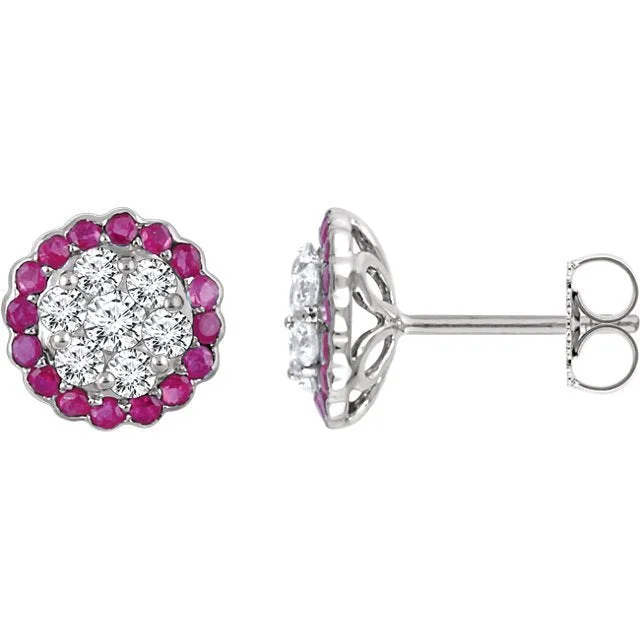 Square Earrings-All-Purpose Earrings-14KT WHITE GOLD 1/2 CTW RUBY & 5/8 CTW DIAMOND HALO CLUSTER EARRINGS