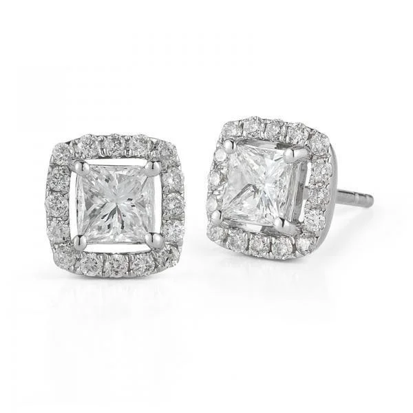 Stylish Drop Earrings-Animal Earrings-14KT WHITE GOLD 1 CTW PRINCESS CUT DIAMOND HALO EARRINGS