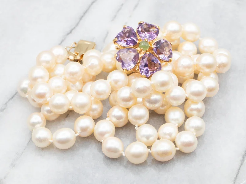 Gold Necklaces with Pearls-Vintage Pearl Necklace with Amethyst and Jade Floral Clasp