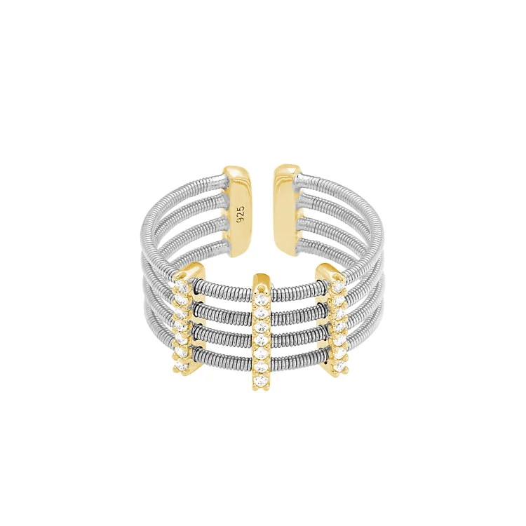 SafariRings-Rhodium Finish Sterling Silver Multi Cable Cuff Ring with Gold Finish Simulated Diamond Vertical Bars