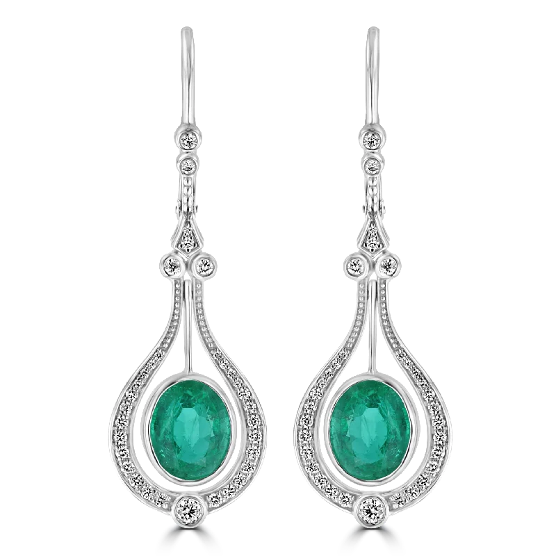 Men’s Gold Earrings-Elegant Pearl Earrings-JULEVE 18KT WHITE GOLD 5.23 CTW EMERALD & 0.61 CTW DIAMOND HALO DROP EARRINGS