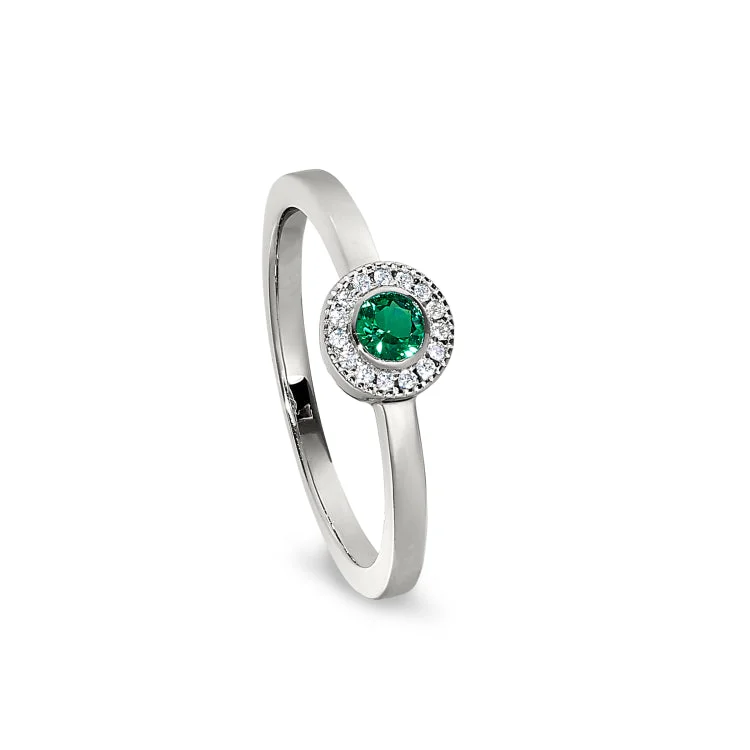 YellowGoldRings-Platinum Finish Sterling Silver Micropave Round Simulated Emerald Ring with Simulated Diamonds Size 8