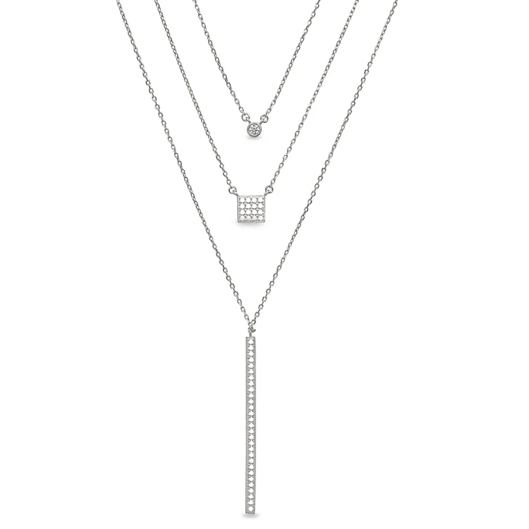 Statement Necklaces for Events-Platinum Finish Sterling Silver Micropave Layered Necklace with Simulated Diamonds on 16" - 18" Adjustable Chain