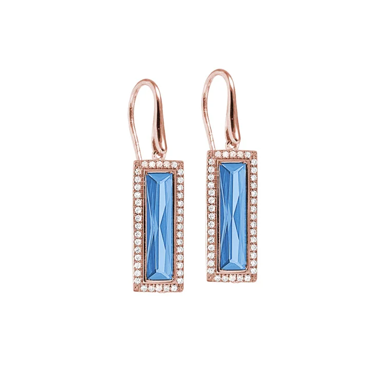 Jewel Earrings-Clip Earrings for Non-Pierced Ears-Rose Gold Finish Sterling Silver Earrings with Rectangular Simulated Blue Topaz Stones and Simulated Diamonds