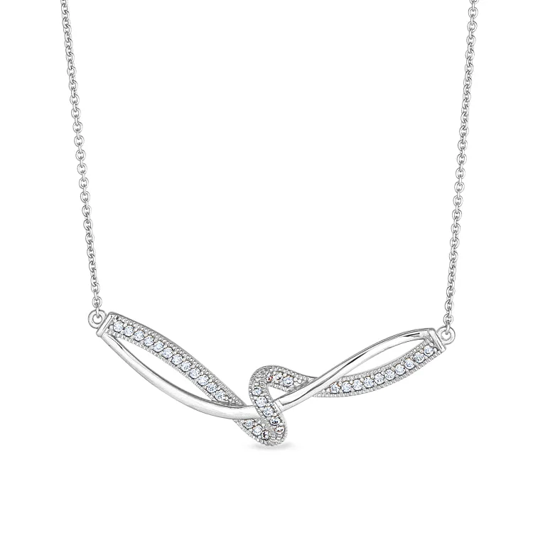 Infinity Necklaces for Couples-Platinum Finish Sterling Silver Micropave Ribbon Swirll Necklace with Simulated Diamonds on 16" - 18" Adjustable Chain