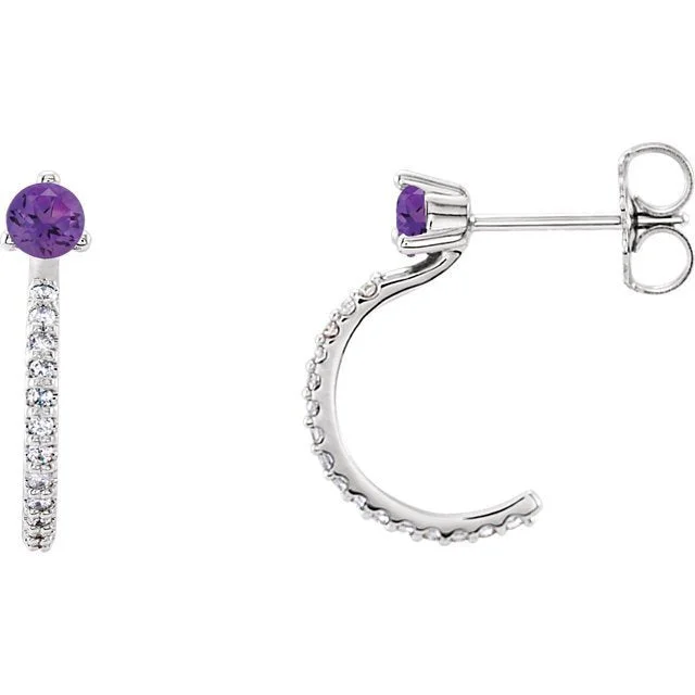 Wedding Earrings for Bridesmaids-Earrings for Weddings-14KT GOLD 0.20 CTW AMETHYST & 0.16 CTW DIAMOND J-HOOP EARRINGS