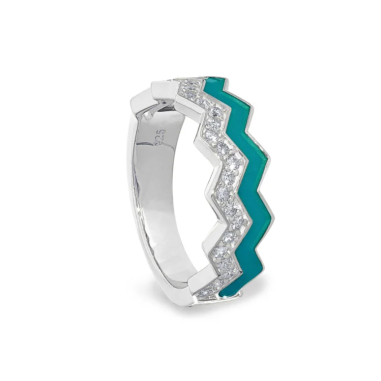 BohemianRings-Platinum Finish Sterling Silver Micropave Ring with with Turquoise Enamel and Simulated Diamondss