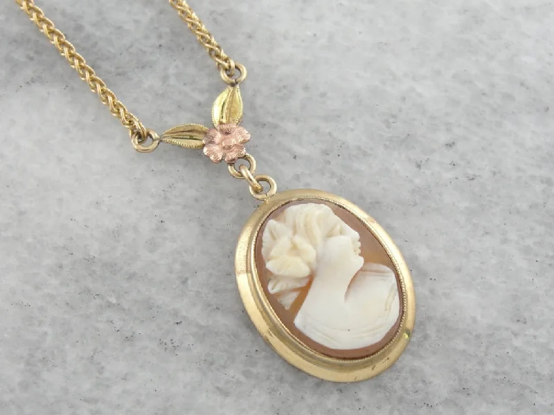 Designer Necklaces for Special Occasions-Retro Era Cameo Necklace with Floral Detail in Rose Gold