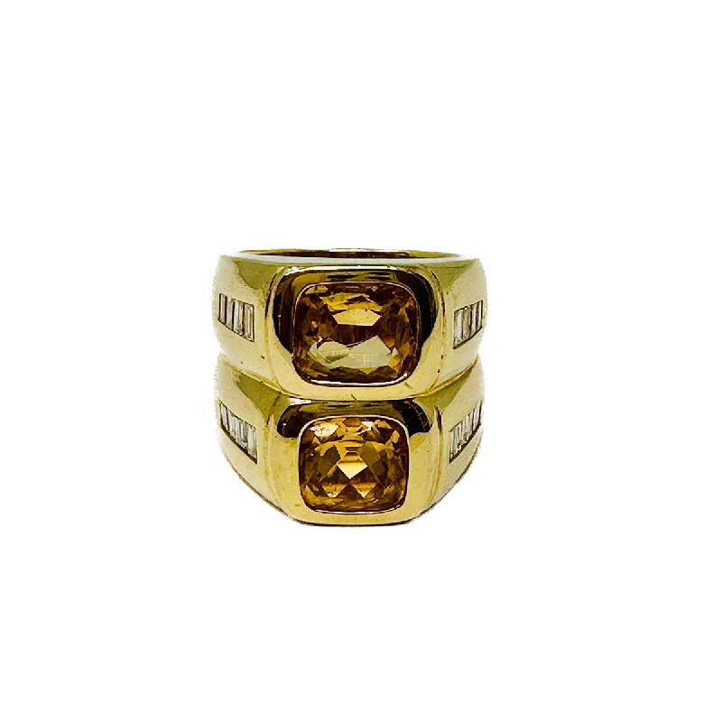 FamilyRings-18K Gold Twin Ring with 2 Cushion Shaped Citrine and 16 Baguette Diamomds