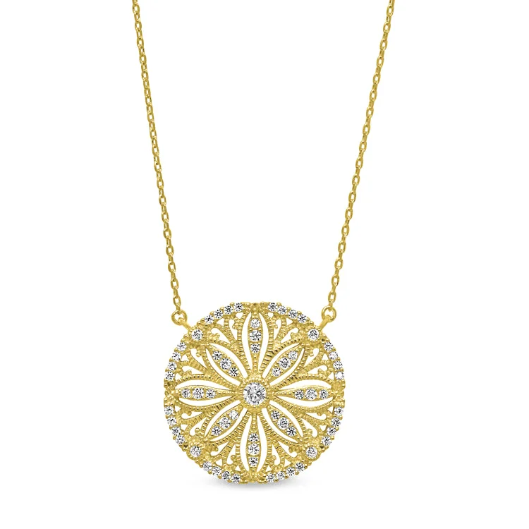 Unique Birthstone Necklaces-Gold Finish Sterling Silver Micropave Vintage San Dollar Necklace with Simulated Diamonds on 16"-18" Adjustable Chain