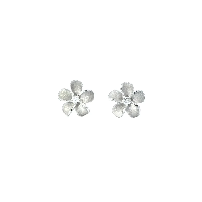 Long Drop Earrings-Silver Earrings for Brides-Plumeria Stud Earrings in White Gold