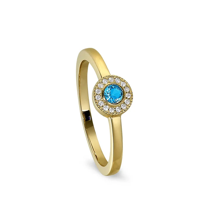 BirthstoneRings-Gold Finish Sterling Silver Micropave Round Simulated Blue Topaz Ring with Simulated Diamonds Size 8