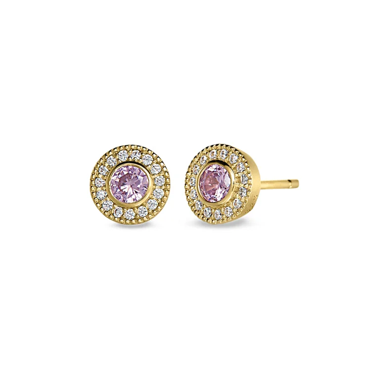 Long Drop Earrings-Color Block Earrings-Gold Finish Sterling Silver Micropave Round Simulated Pink Sapphire Earrings with Simulated Diamonds