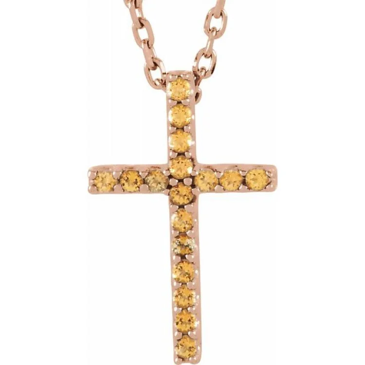 Custom Jewelry Necklaces-14K Rose Natural Yellow Sapphire Petite Cross 16" Necklace