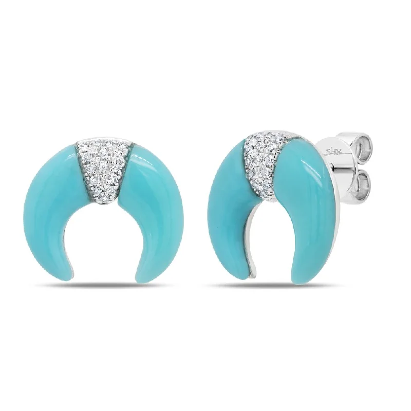 Pearl Hoop Earrings-Clip-On Earrings-14KT GOLD 1.89 CT TURQUOISE & .06 CTW DIAMOND CRESENT EARRINGS