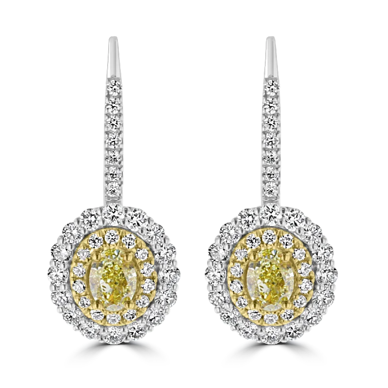 Minimalist Dangle Earrings-Sparkly Earrings-18KT GOLD 1.01 CTW YELLOW & 1.13 CTW WHITE DIAMOND OVAL HALO EARRINGS