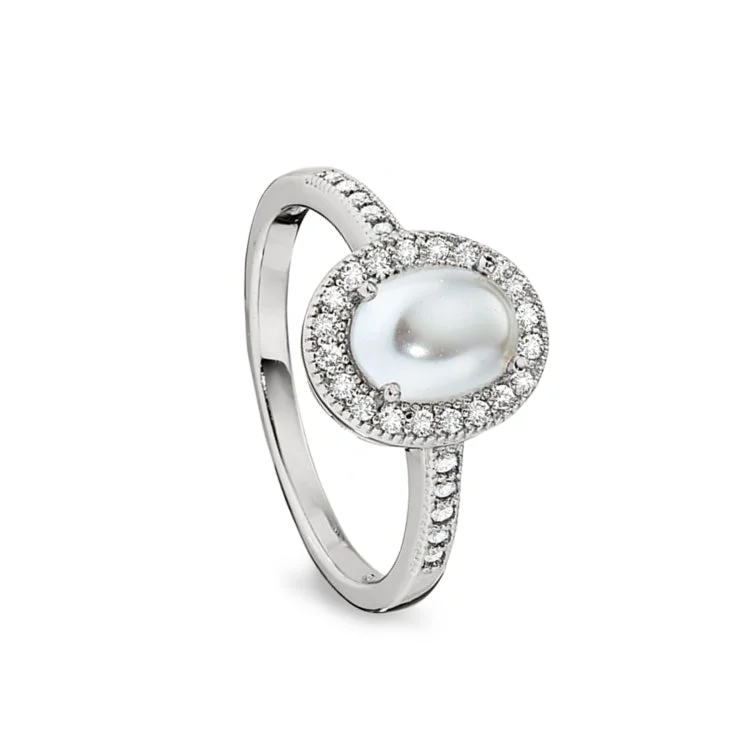 FiligreeRings-Platinum Finish Sterling Silver Micropave Cabochon Cut Pearl Ring with Simulated Diamonds