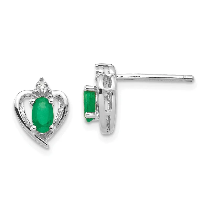 Pearly Stud Earrings-Multi-Color Earrings-14k White Gold Diamond & Genuine Emerald Heart Stud Earrings