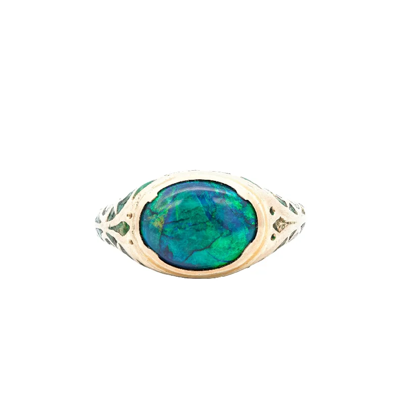 BirdRings-Art Nouveau 14k Yellow Gold Black Opal (1.35cts approx) & Enamel Ring 6.7Gr Sz 6