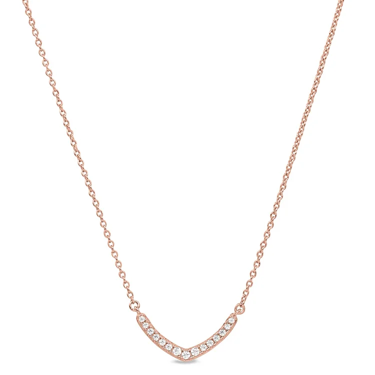 Boho Chic Necklaces-Rose Gold Finish Sterling Silver Micropave V Necklace with Simulated Diamonds on 16"-18" Adjustable Chain