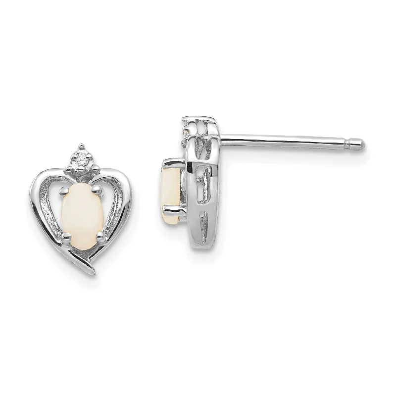 Gift Earrings for Her-Minimalist Earrings-14k White Gold Diamond & Genuine Opal Heart Stud Earrings