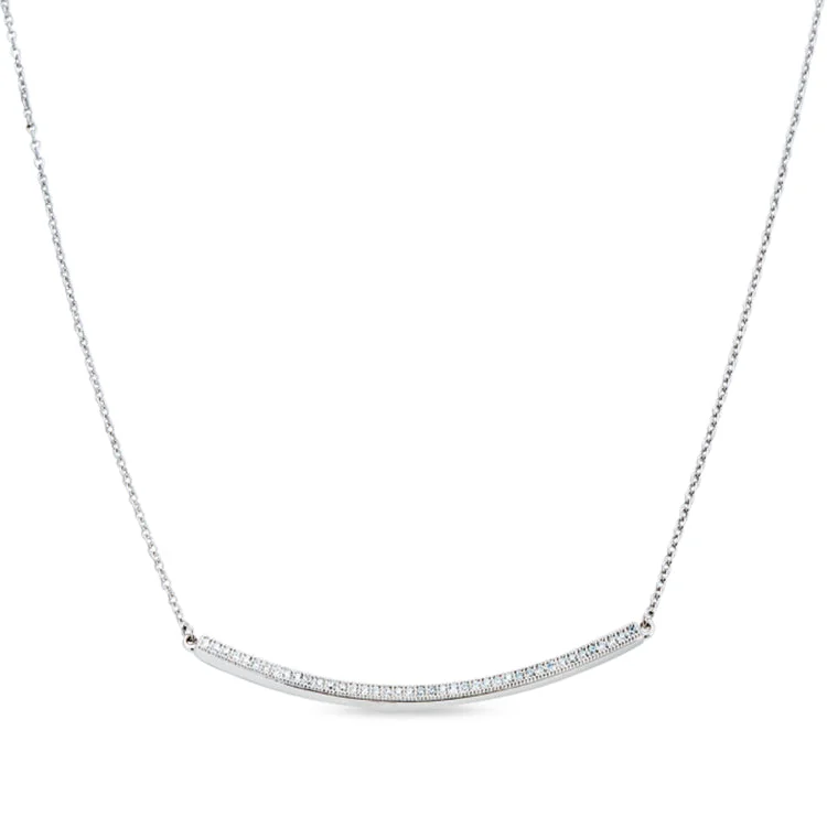 Long Necklaces for Dresses-Platinum Finish Sterling Silver Micropave Curved Bar Necklace with 41 Simulated Diamonds on 16" - 18" Adjustable Cable Chain